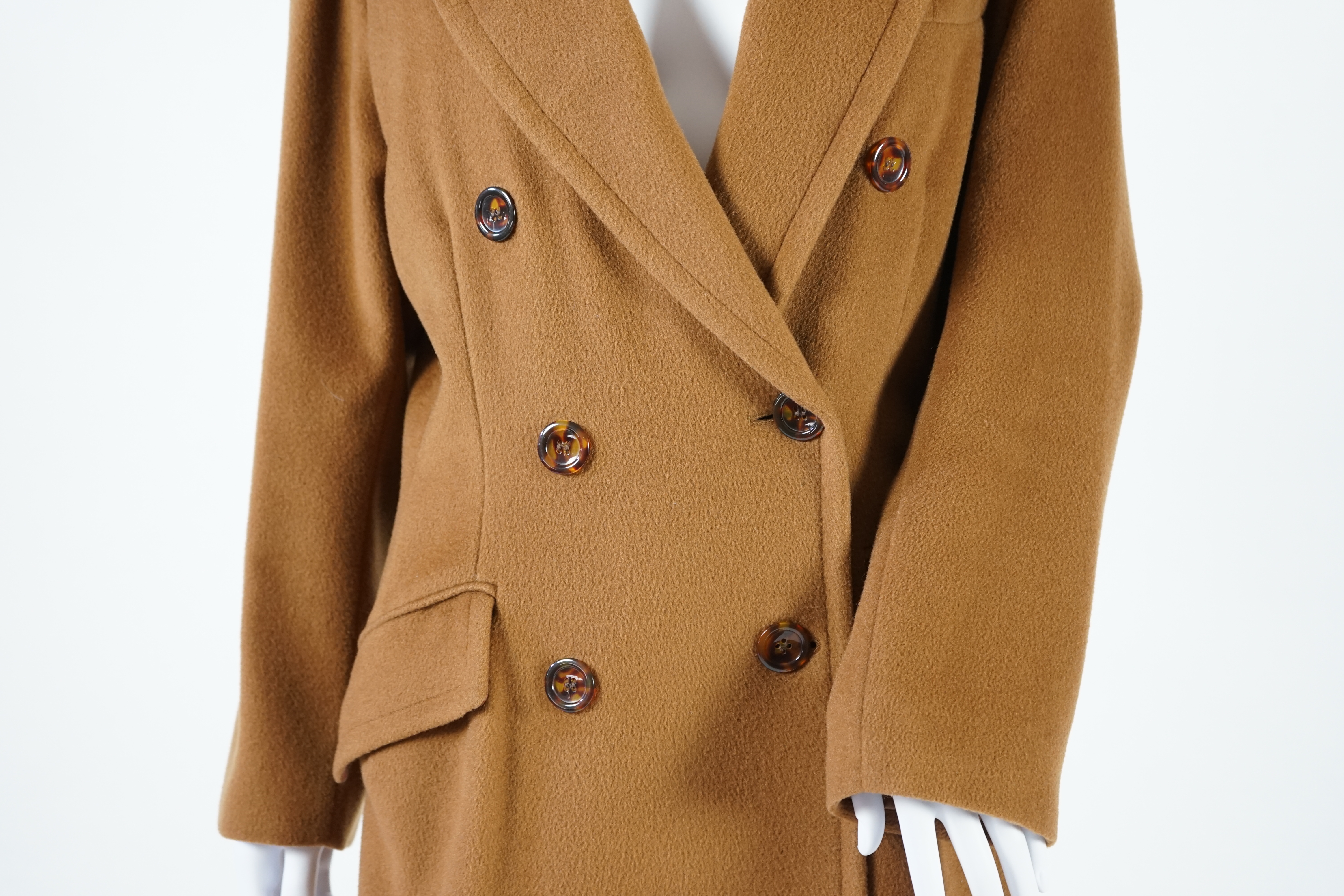 A vintage Yves Saint Laurent variation lady's dark tan double breasted wool long coat, F 40 (UK 12). Proceeds to Happy Paws Puppy Rescue